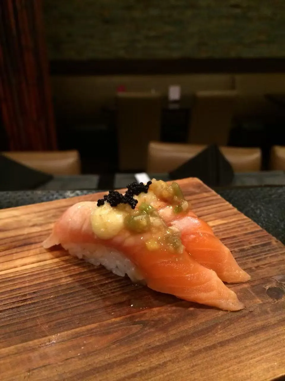 Salmon nigiri with caviar toppings at Kumo Japanese Cuisine Restaurant in Depew